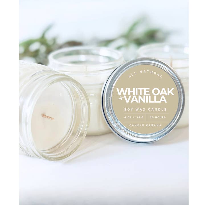 White Oak + Vanilla 4 oz Mason Jar - 100% Natural Soy Candle for wholesale by Candle Cabana