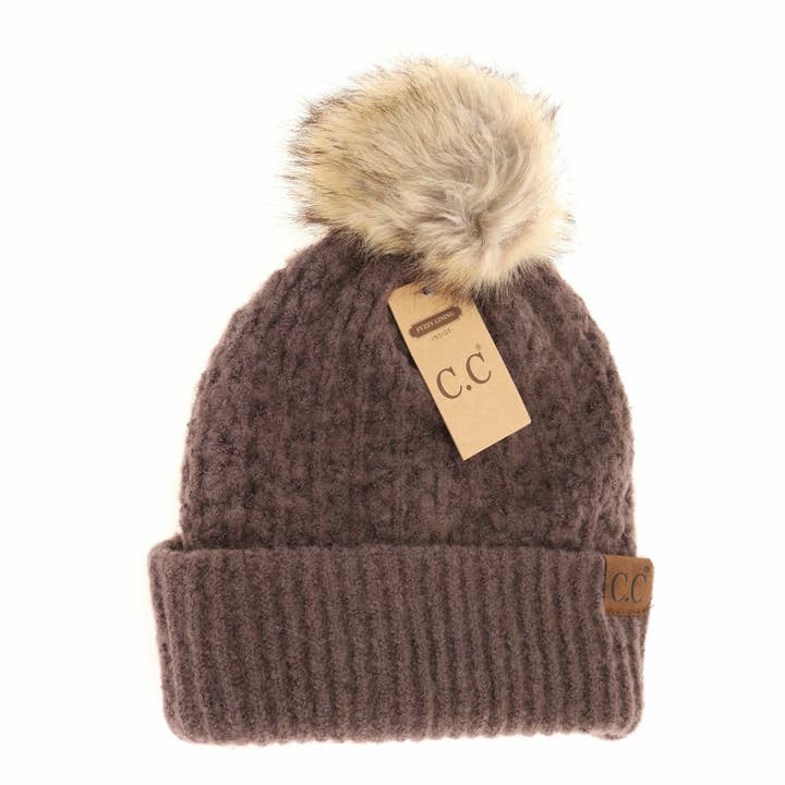 C.C Beanie - Wholesale Beanie - Women's - Solid Smocked Stitch Fur Pom C.C Beanie HAT2080