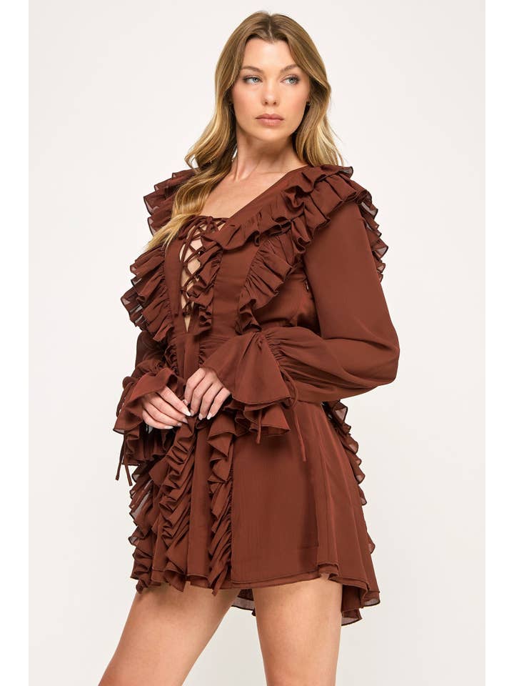 Vestis M - Wholesale Dress - Women's - Echo Ruffle Chiffon Mini Dress - V neck Lace Up14