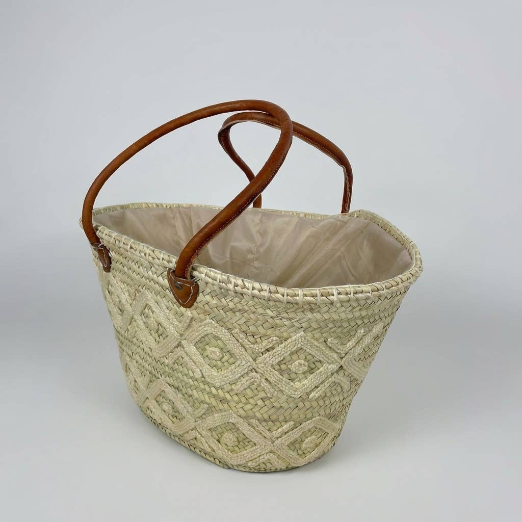 Melecraft - Vente Paniers - Cabas de marché en paille brodé d'arabesques avec poignées en cuir4