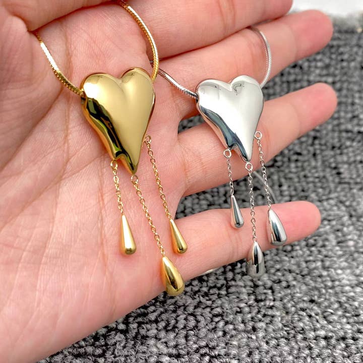 Drop Fringe Glossy Heart Charm 18K Golden SS Necklace - FGS for wholesale by Mio Queena