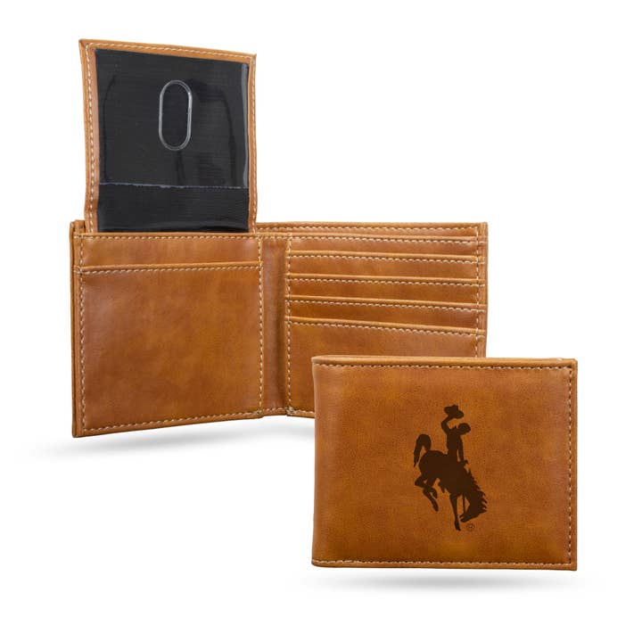 Wyoming Cowboys Laser Engraved Billfold Wallet, Brown for wholesale by Rico Industries