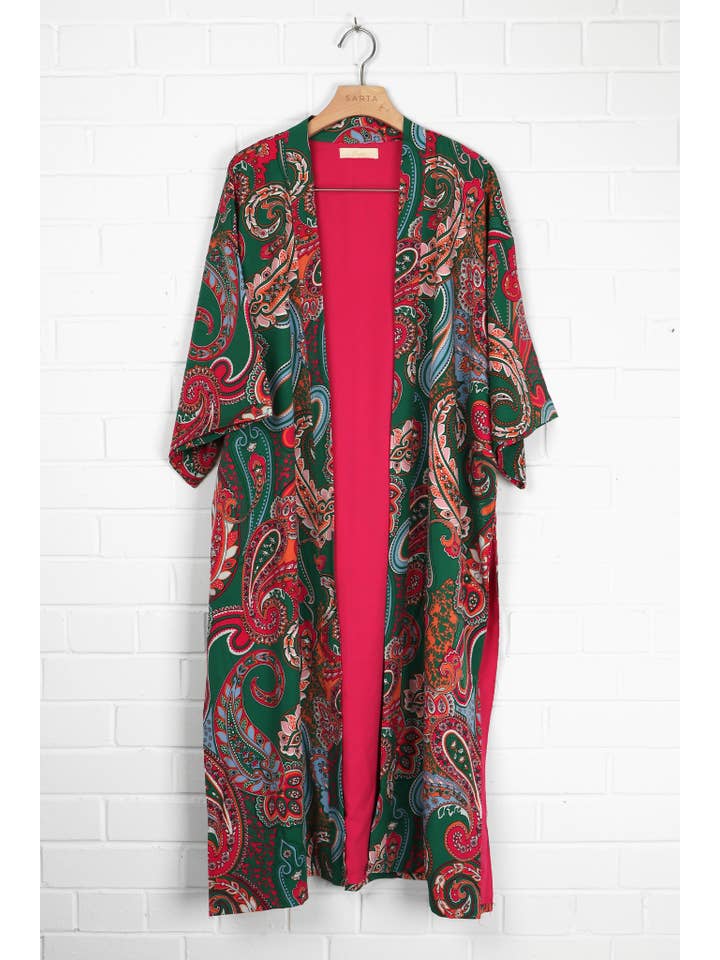 Sarta - Vente Kimono – femme - Veste kimono mi-longue à imprimé cachemire en vert4