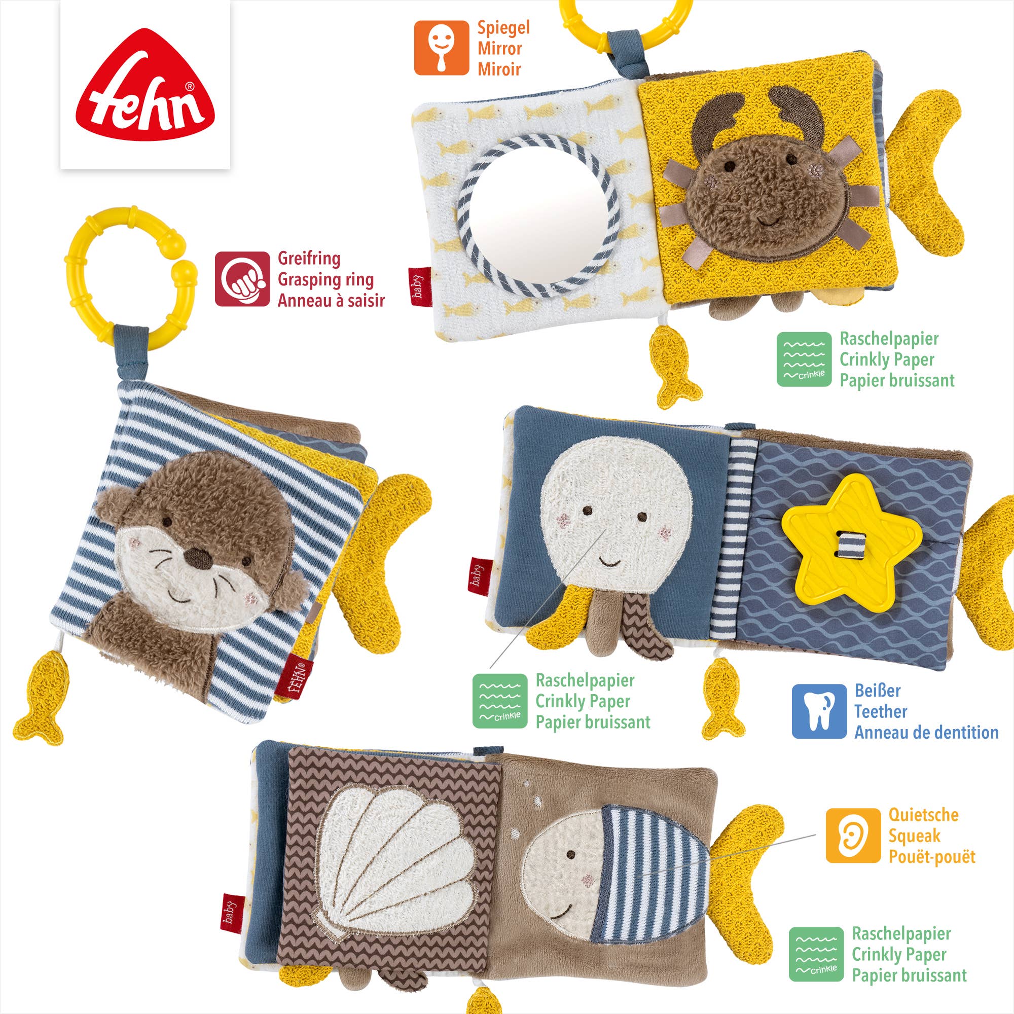 Fehn - Wholesale Boek voor baby’s en peuters (0-2) - Fehn Otter stoffen boek - voelboek met dierenmotieven2