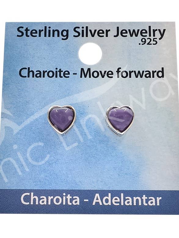 (PAR) PLATA DE LEY - PENDIENTES DE TACHUELA CORAZÓN DE CHAROITA 6 MM L para venta al por mayor de Oceanic Linkways Inc