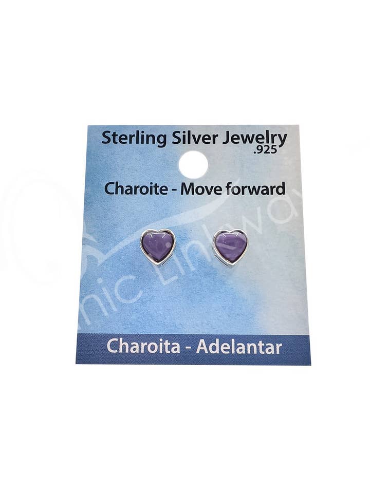 (PAIR)STERLING SILVER - EARRING STUDS CHAROITE HEART 6 MM L for wholesale by Oceanic Linkways Inc