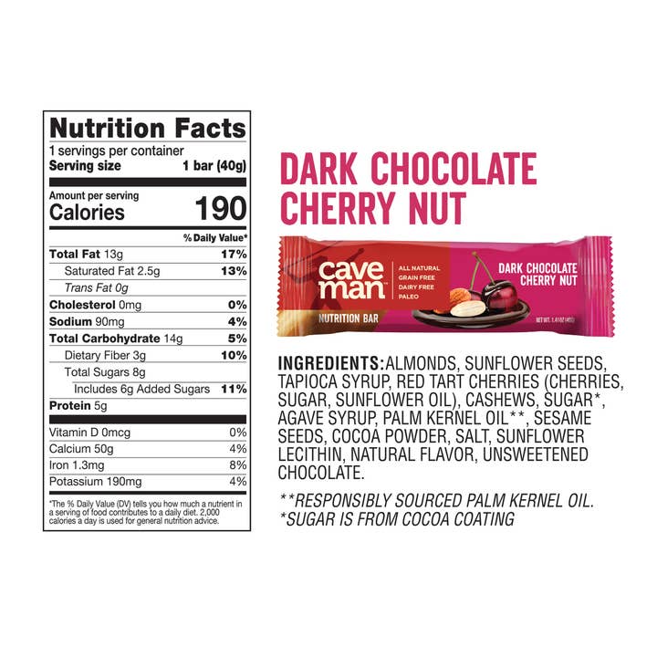 Caveman Foods - Wholesale Snack Bar - Caveman Dark Chocolate Cherry Nut Nutrition Bars