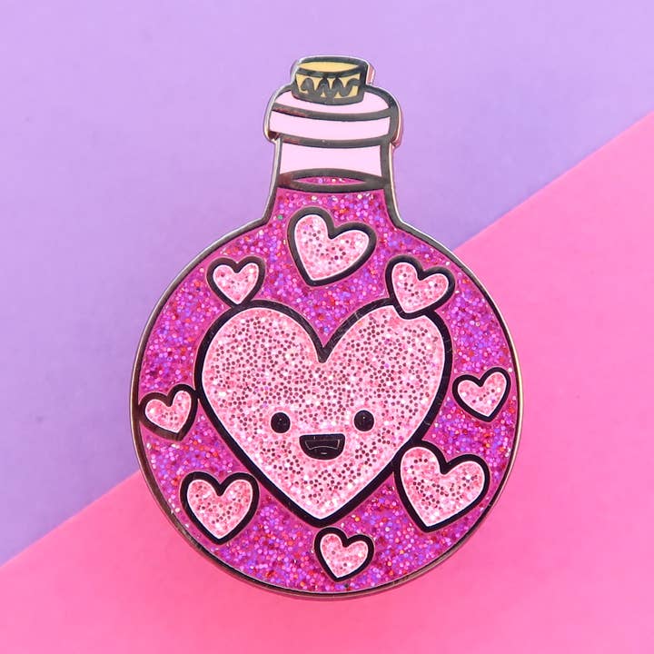 Love Potion Bottle – Hard Enamel Pin (30mm) for wholesale by Bird House Press