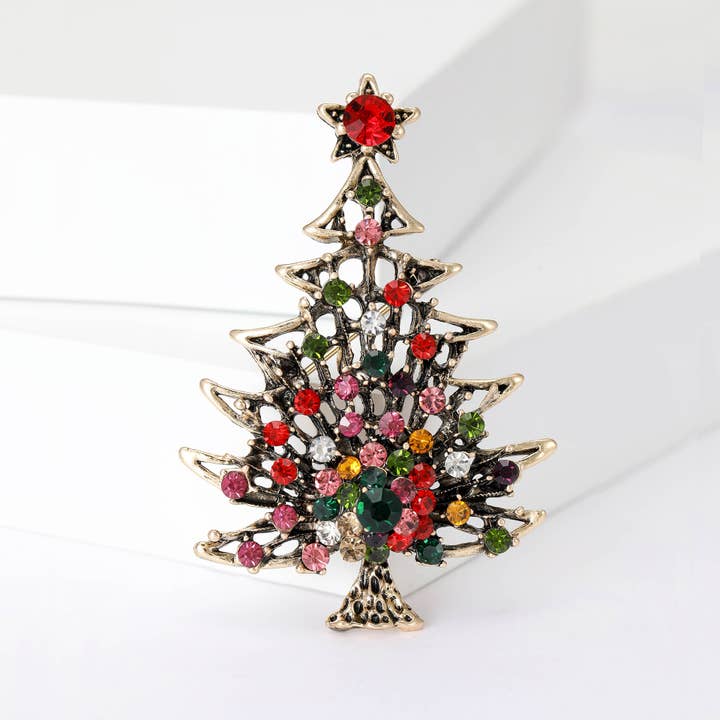 Multi-Color Rhinestone Vintage Christmas Tree Brooch for wholesale by Tourtiwi