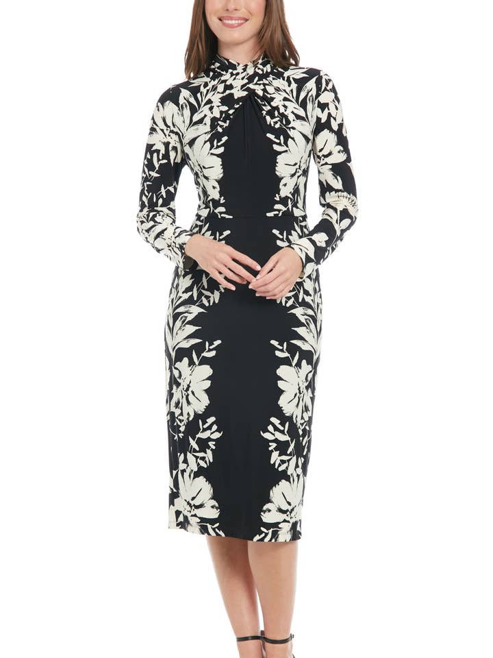 London Times Floral High Mock Crossover Neckline Long Elasticated Cuffs Sleeves Zipper Closure Sheer Overlay Flounce Hemline Fit Sheath Midi Dress for wholesale by Immediate Apparel