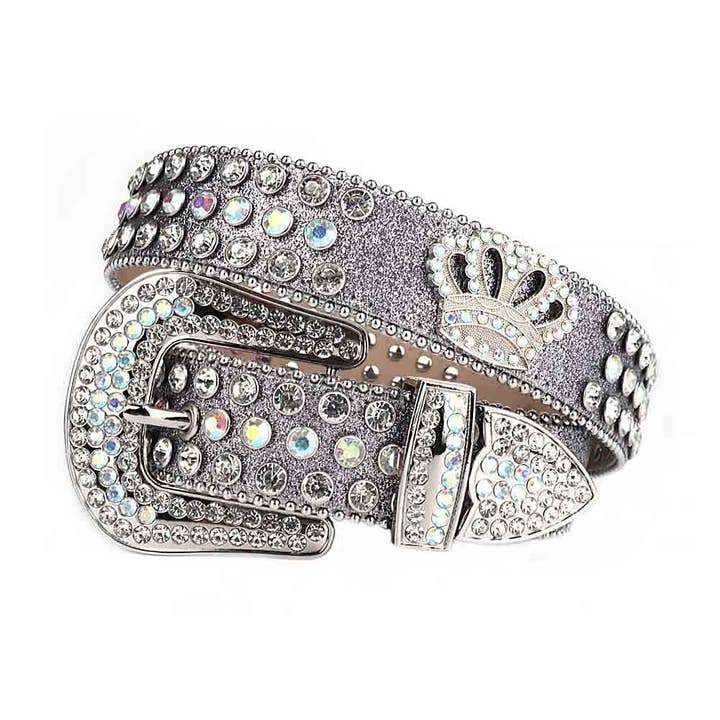 Rhinestones Silver Leather Strap Belts Crystal White And White Multi Stones With Crown for wholesale by Rhinestone Belt Store