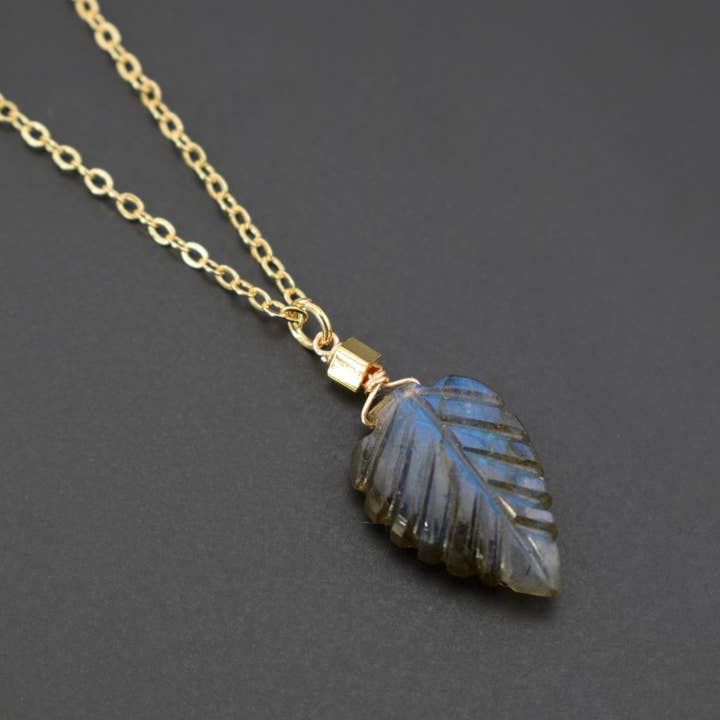 Carved Labradorite Leaf Pendant Gold Necklace for wholesale by Edgy Petal Jewelry