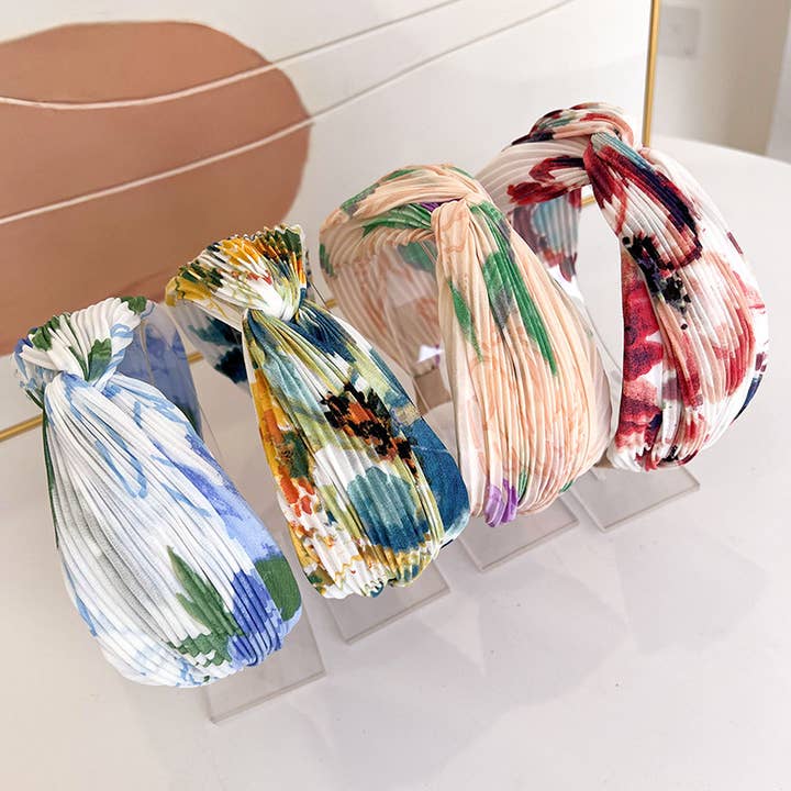 Assorted Pleated Watercolor Floral Twist Headband for wholesale on Faire