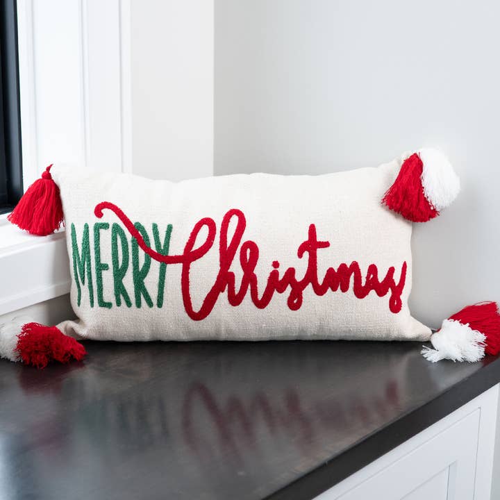 Elsie & Zoey - Wholesale Lumbar Pillow - Christmas 12"x22" Merry Christmas Embroidered Lumbar Pillow