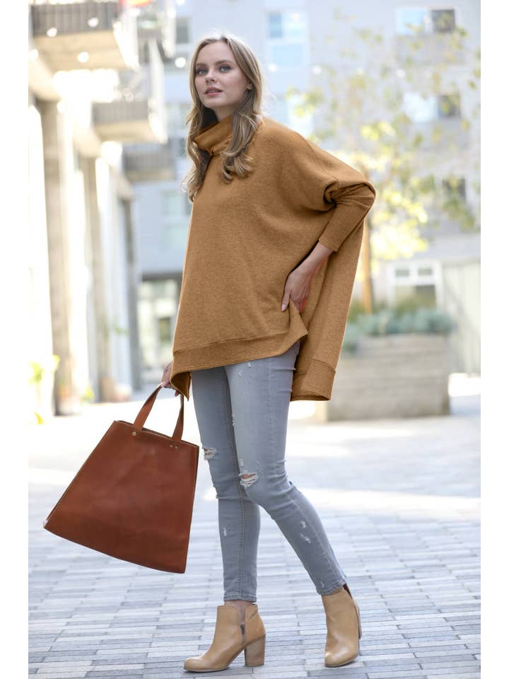 42POPS - Wholesale Poncho - Women's - ' Brushed Melange Cowl Neck Poncho Hi-low Sweater