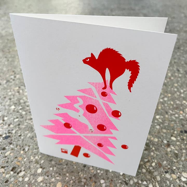 VrijFormaat - Wholesale Christmas Card - Christmas card - Catmas Tree - riso print pink/red