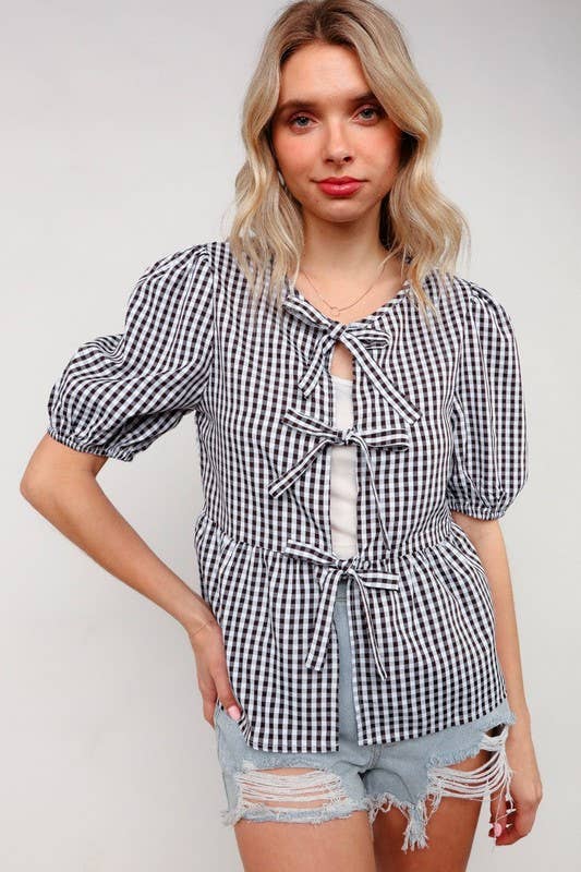 NOIR/BLANC Haut à manches courtes vichy babydoll à ruban en vente sur Faire7