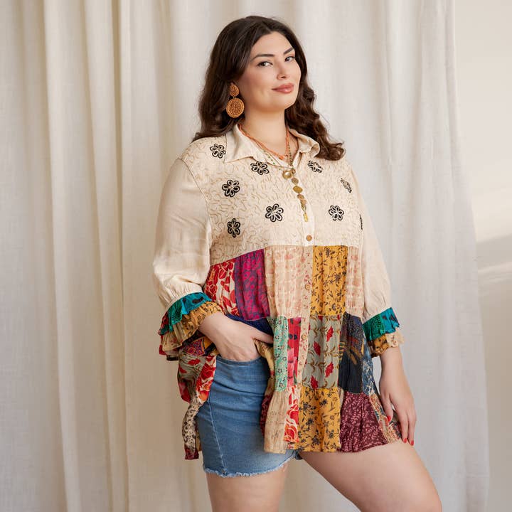 Young Threads - Wholesale Blouse - Women's - Western Denim Yoke Patchwork Tiered Tunic Top (New Color)8