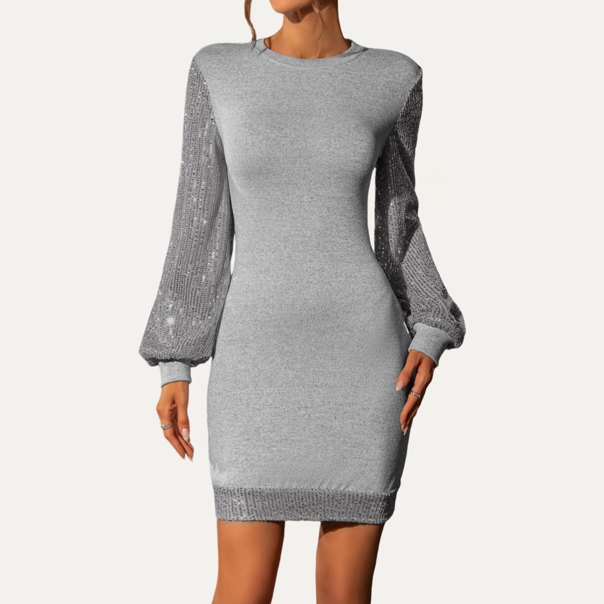 Grå Skinnende grå paillet rundhalset langærmet strikket minikjole for engroshandel på Faire6