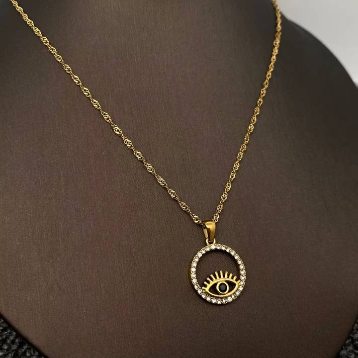 Mio Queena - Wholesale Pendant/Charm Necklace - Inlaid CZ Evil Eye Charm 18K Gold Plated S.Steel Necklace - FGS
