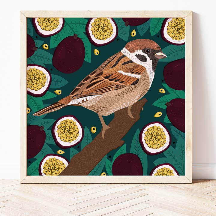 Stampa Sparrow & Passionfruit per la vendita all'ingrosso da parte di Bea Baranowska Illustration