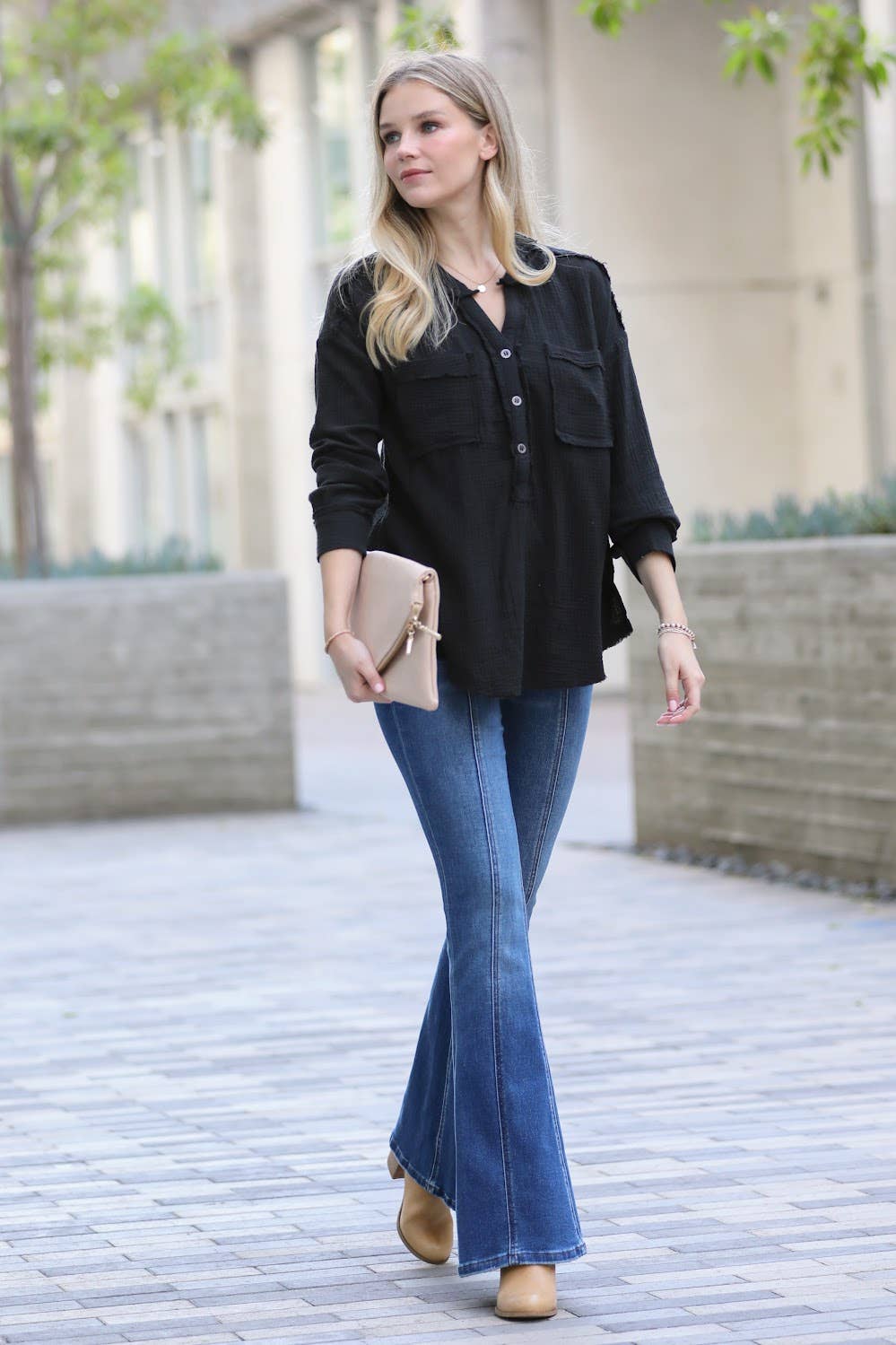 BLACK  `.SI-24907 DOUBLE GAUZE 3/4 BUTTON HENLEY-NECK SHIRT for wholesale on Faire2