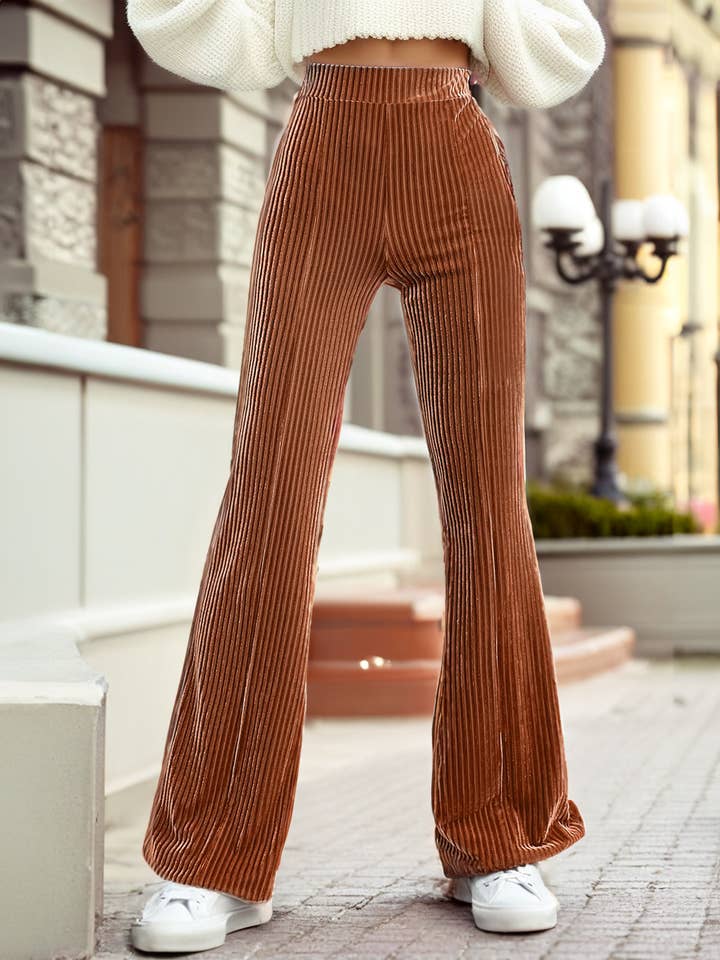 1 the Woman - Wholesale Pants - Women's - Solid Color High Waist Flare Corduroy Pants