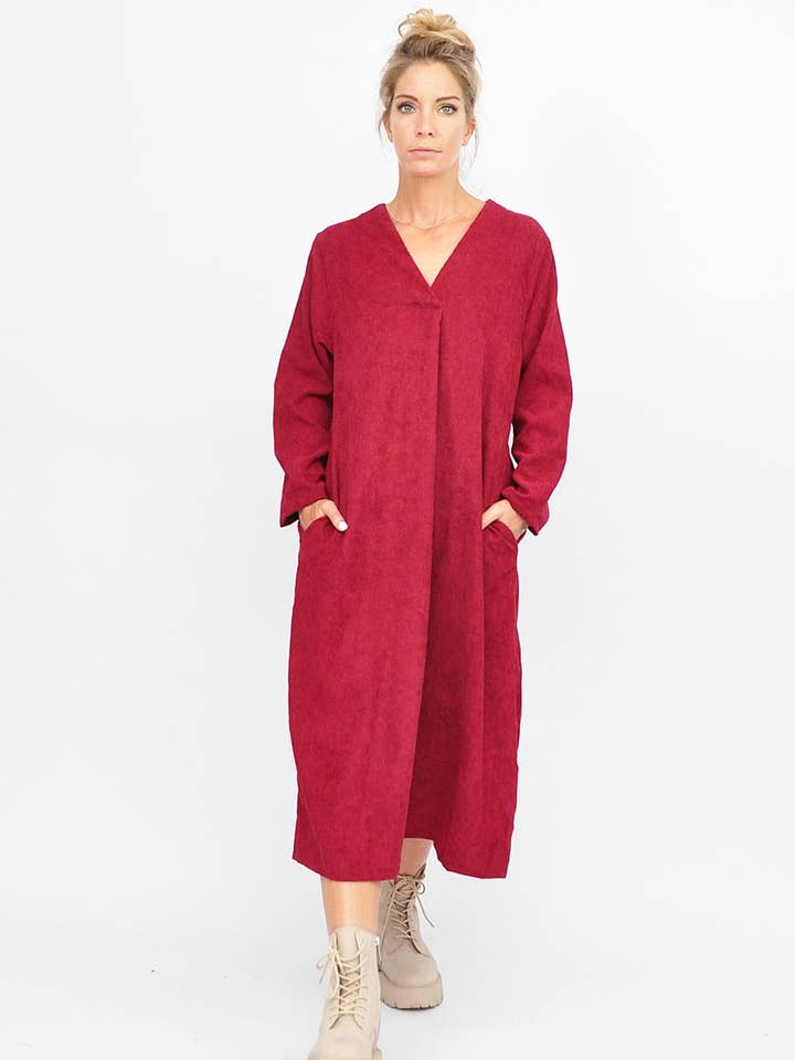 Rotes Midikleid aus Cord für den Großhandel von Kalimera Clothing Athens