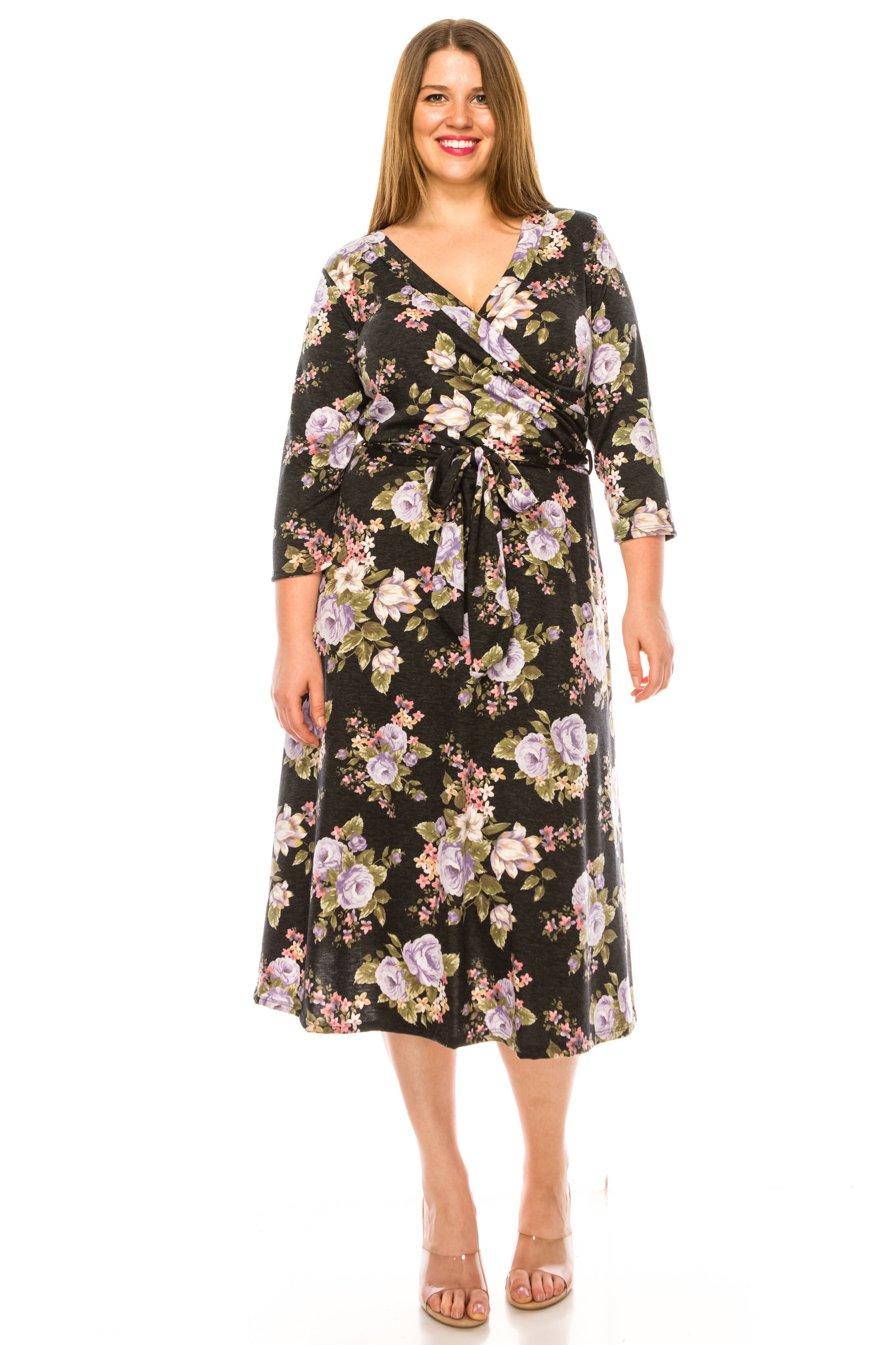 MOA COLLECTION - Vente Robe – femme - Robe portefeuille en faux imprimé à motifs floraux de grande taille pour femmes5