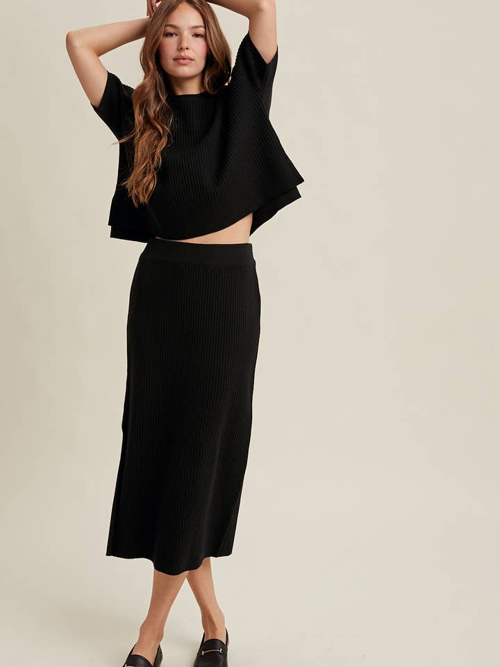 RIBBED KNIT SWEATER TOP AND SKIRT SET / WL25-10638 for wholesale by Wishlist Apparel