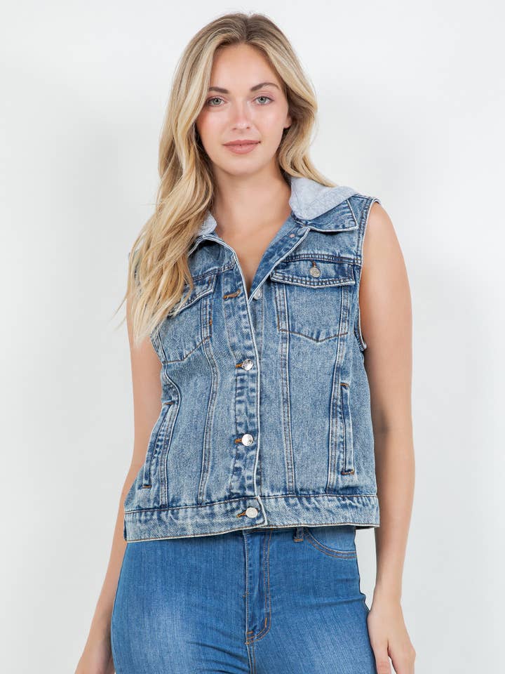 Colete com Capuz em Denim de Lavagem Média sem Elasticidade por atacado de Veracci