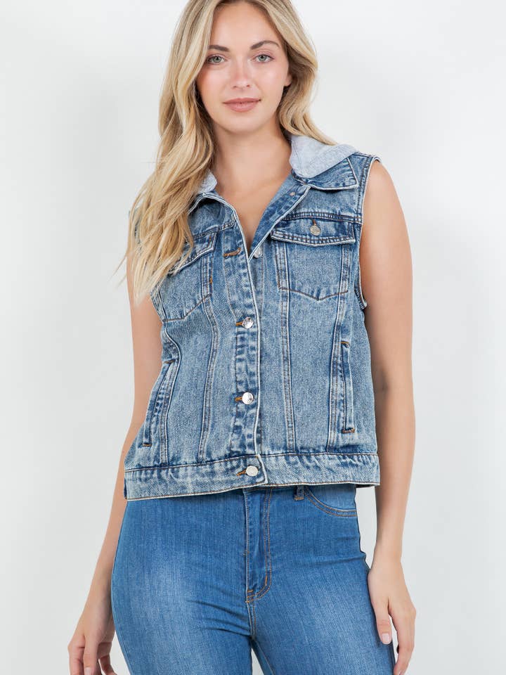 Medium Wash Non Stretch Denim Hooded Vest for wholesale by Veracci