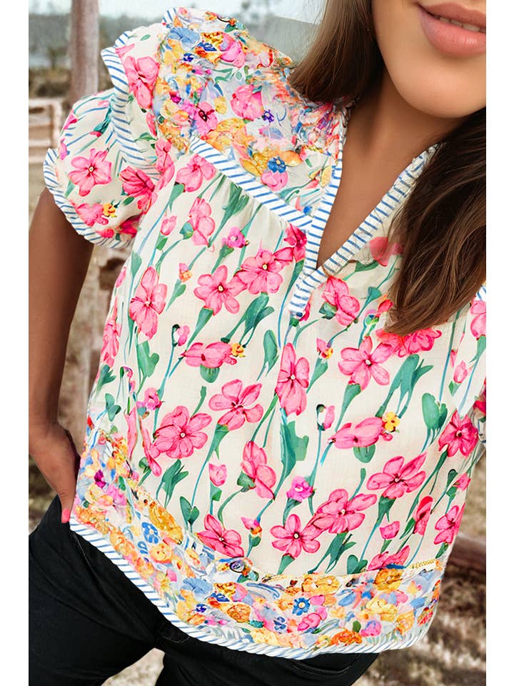 fashionworks - Wholesale Blouse - Women's - Fashion Floral Striped Detail Split Neck Short Sleeve Blouse