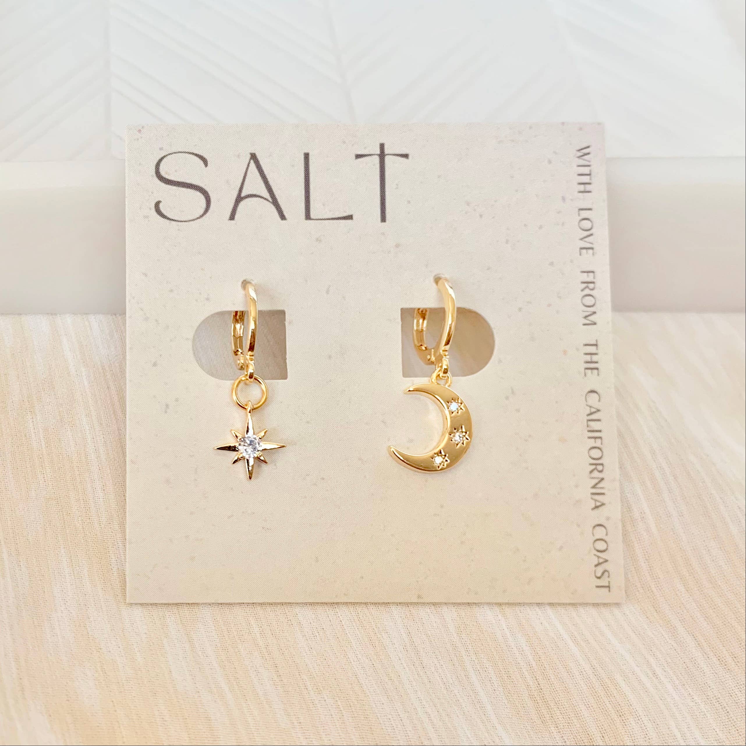 SALT by Sarah Curtis - Wholesale Huggie Earrings - STAR & MOON HUGGIE HOOPS | gold | celestial charm earrings