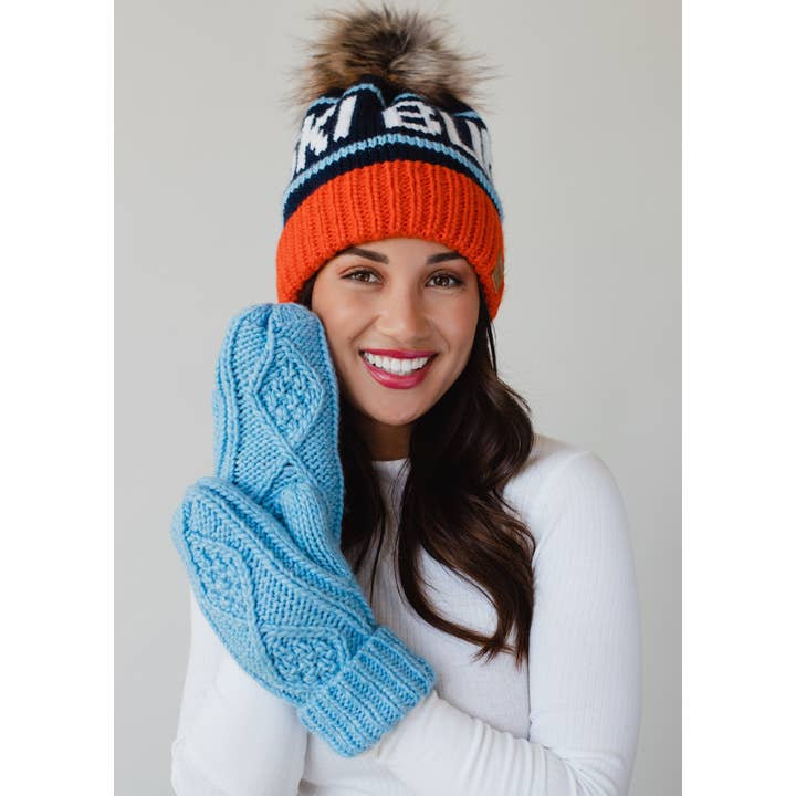 Panache Apparel Co. - Wholesale Beanie - Women's - Orange, Navy & Lt. Blue Ski Bum Pom Hat