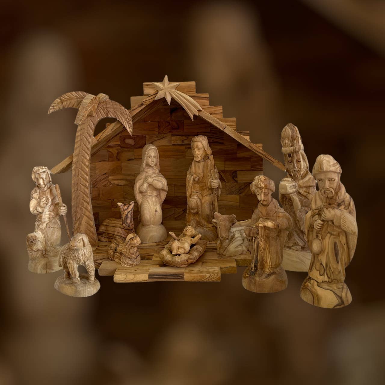 Holy Land Imports – Großhandel Weihnachtskrippen-Deko – Luxuriöse Krippe aus Olivenholz mit 3D-Palmenstall1