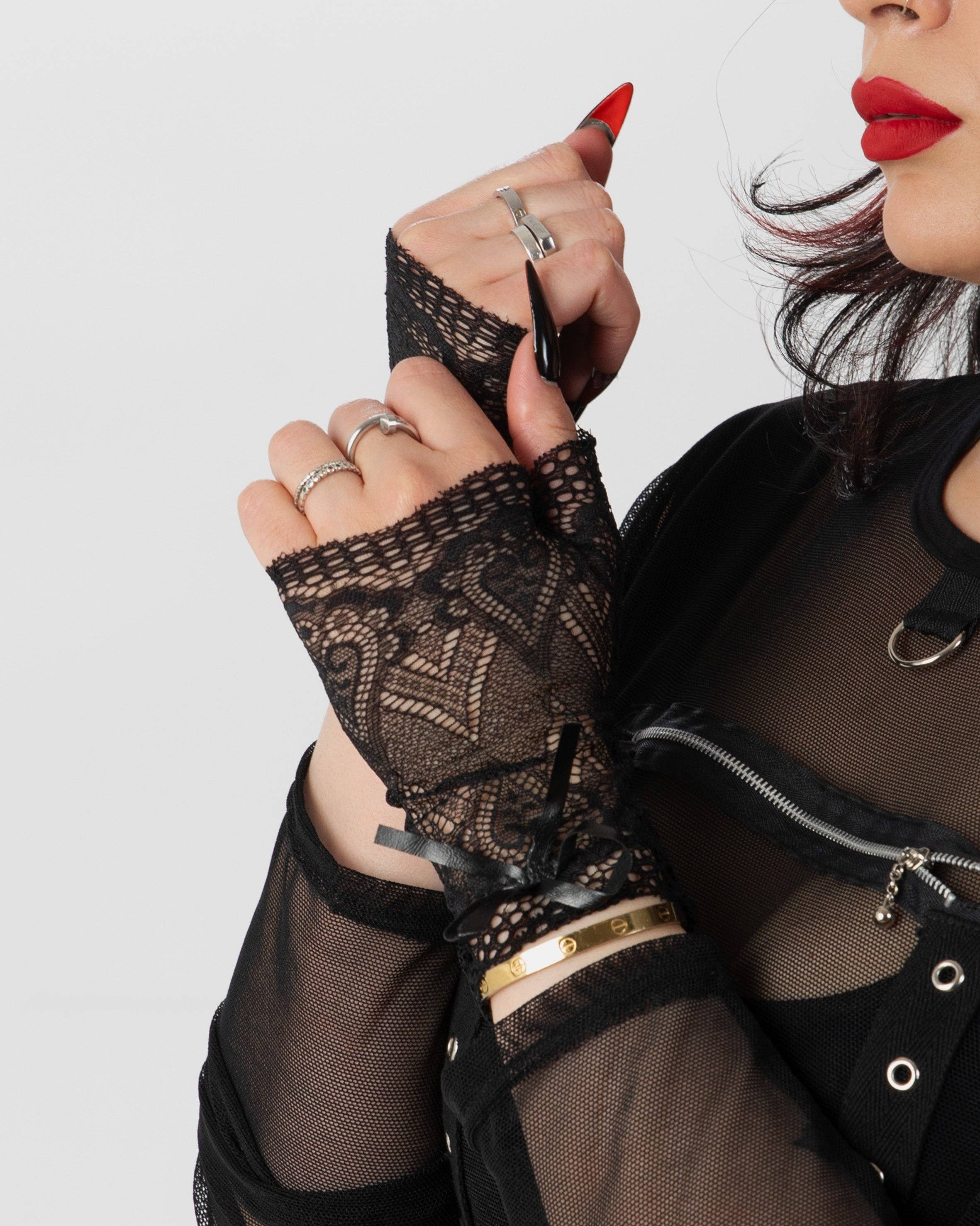 Fingerless Lace Black Gloves with a Bow for wholesale on Faire2