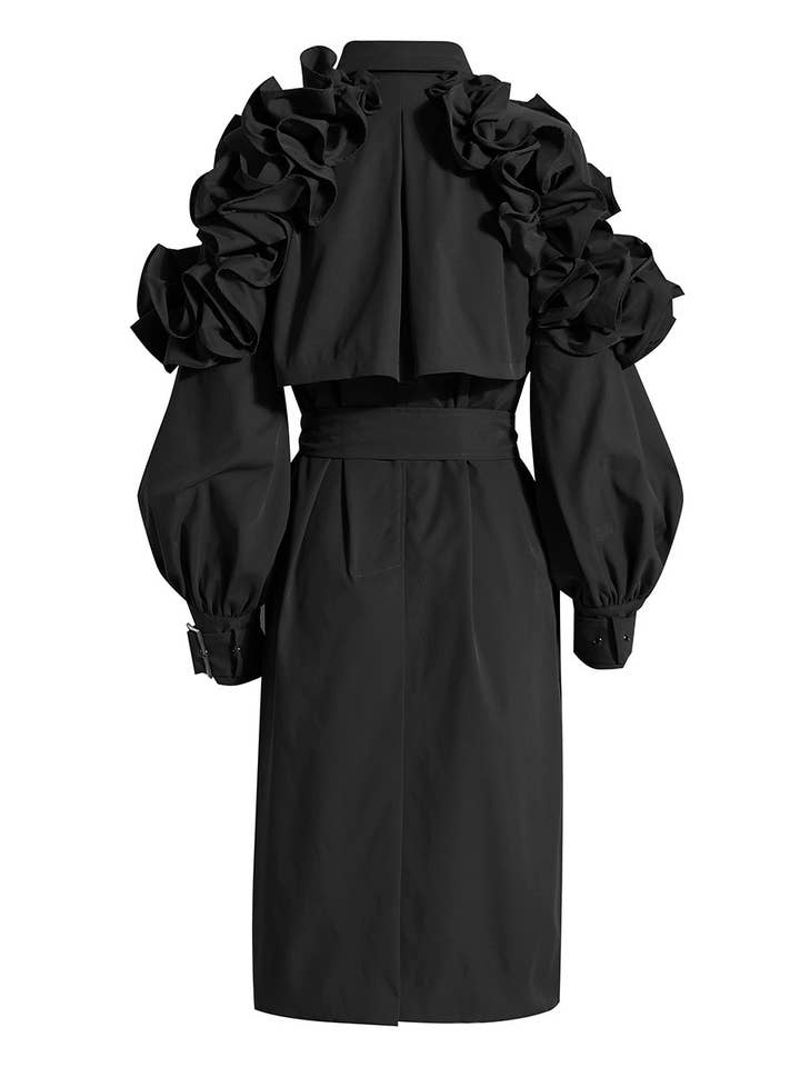 Khaki CT020 Women's Shoulder Ruffle Commuter Knee Length Coat for wholesale on Faire3