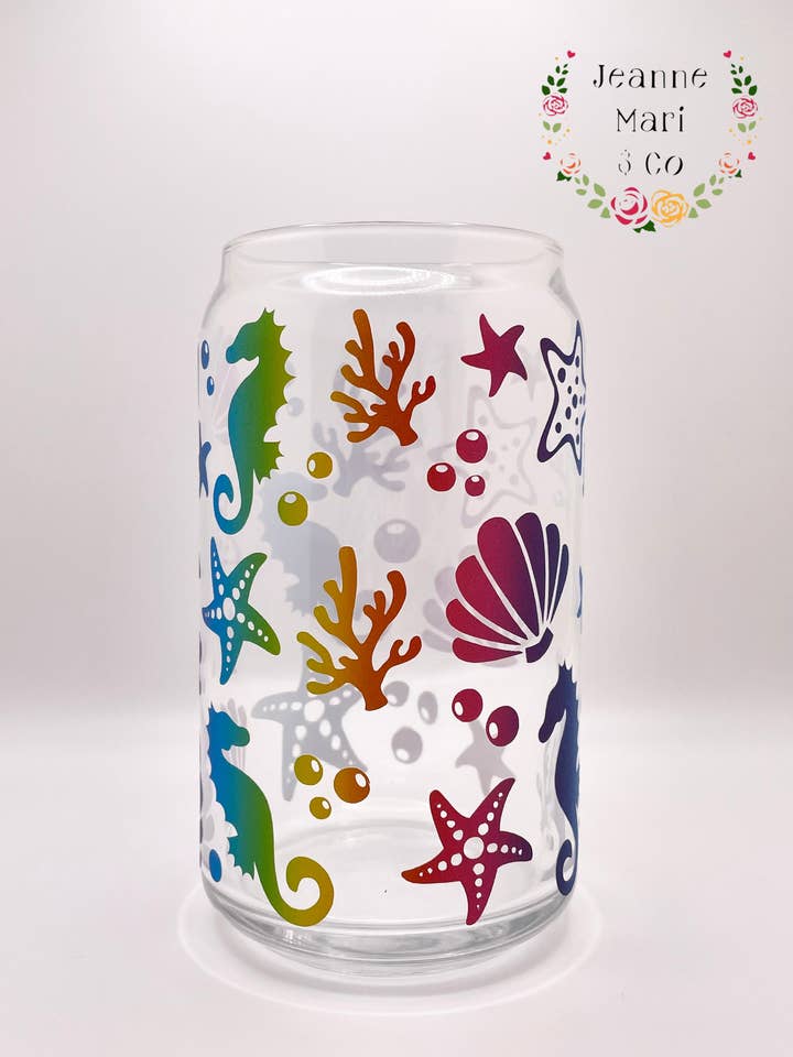 Rainbow Beach Can Glass Cup, Libbey Glass, Straw and Lid for wholesale by Jeanne Mari & Co