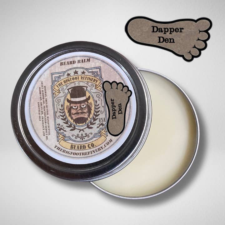 Dapper Den Beard Balm - 2oz tin for wholesale by The Bigfoot Refinery Beard Co.