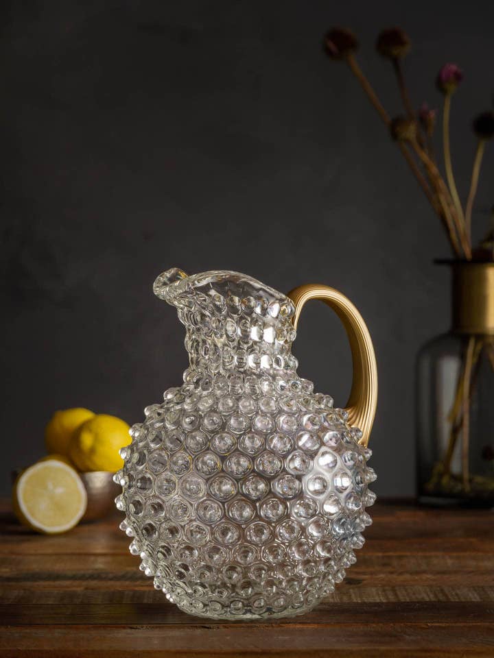 Clear Hobnail Picther 2l With Golden Handle for wholesale by Chehoma USA