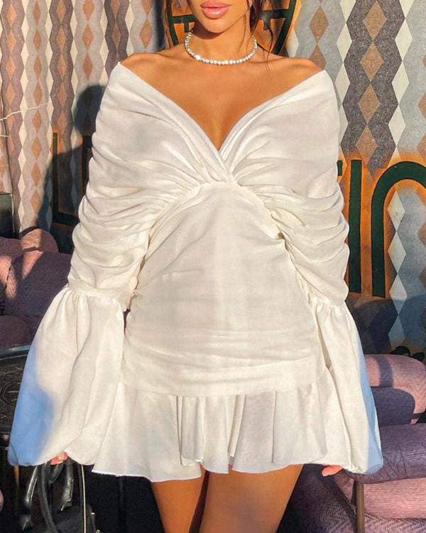 WHITE ruched bell sleeve vneck casual dress for wholesale on Faire2