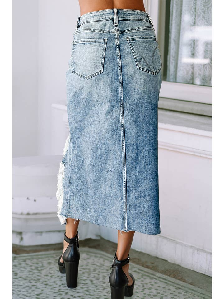 Myosotis LDC Irregular Distressed Bottom Denim Midi Skirt for wholesale on Faire