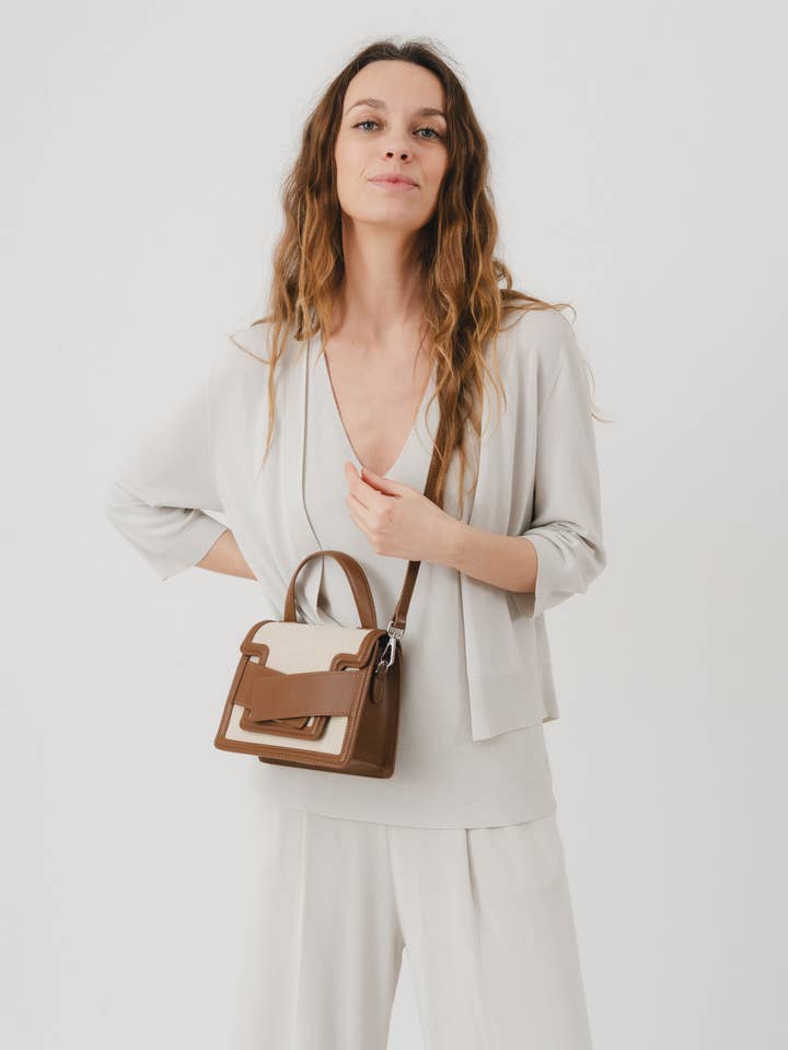 Leather and canvas tote bag with hand and shoulder strap for wholesale by JULIA PARIS
