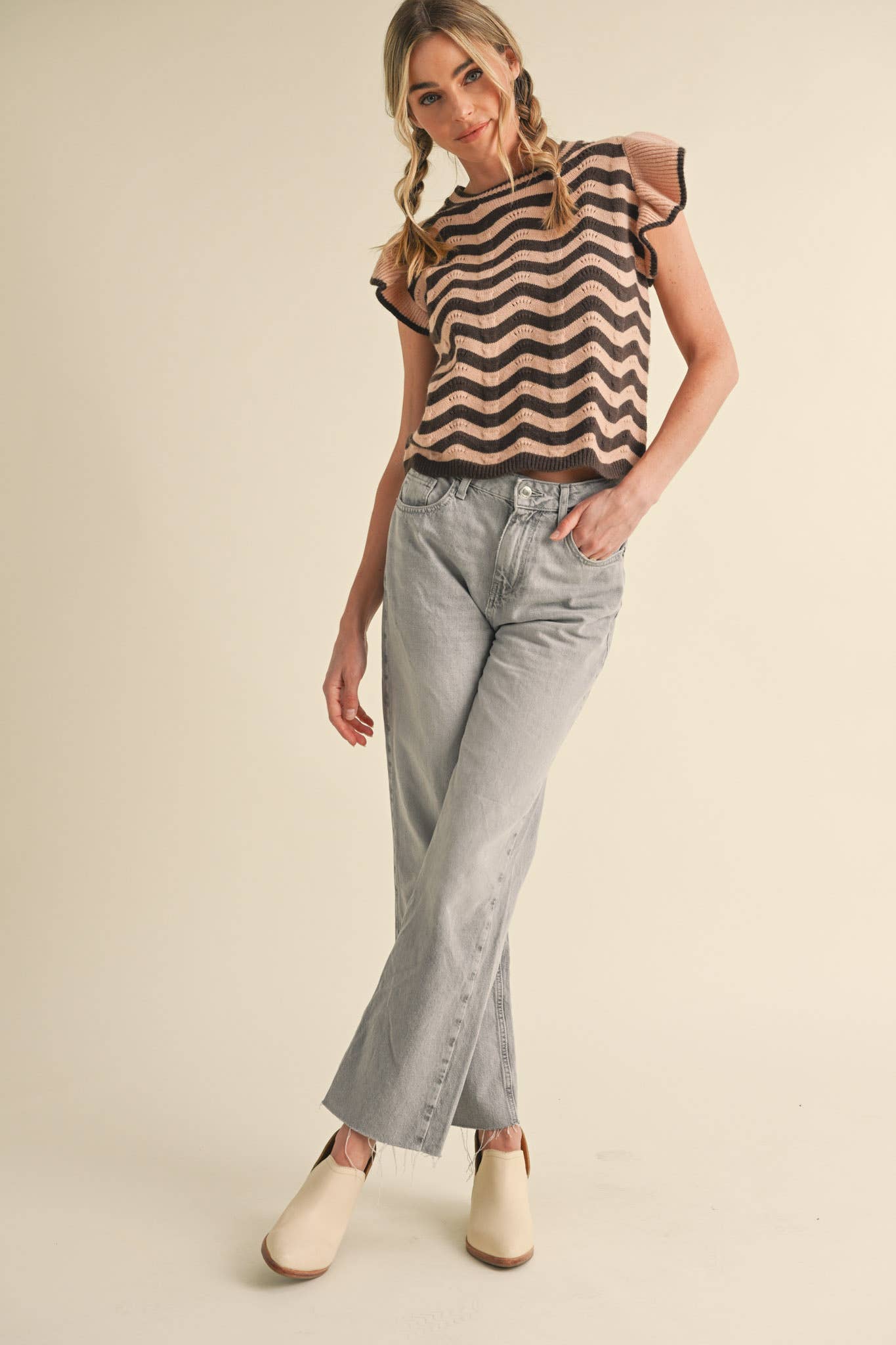 &MERCI - Wholesale Knit Sweater - Women's - WAVY STRIPES FLUTTER SLEEVE SWEATER TOP MSW1050953