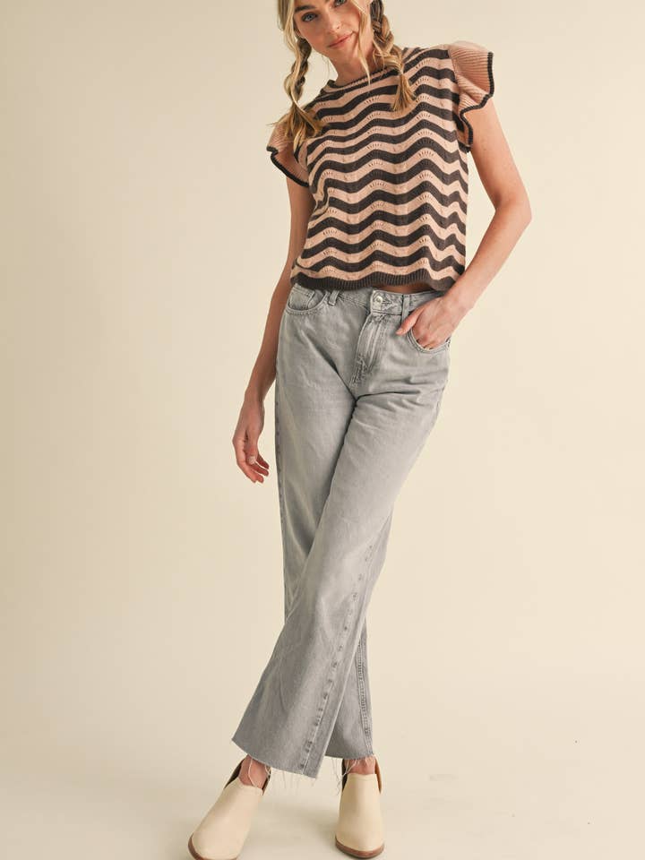 &MERCI - Wholesale Knit Sweater - Women's - WAVY STRIPES FLUTTER SLEEVE SWEATER TOP MSW1050953