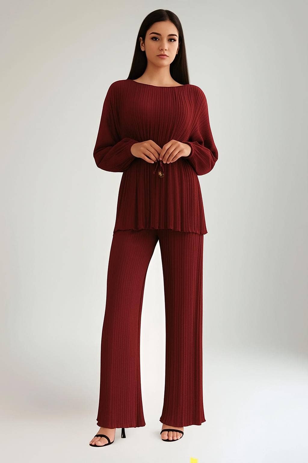 LORIANE - Vendita all'ingrosso Completo top e pantaloni (NON loungewear) - Donna - 7339E Completo plissettato tinta unita con top e pantaloni1