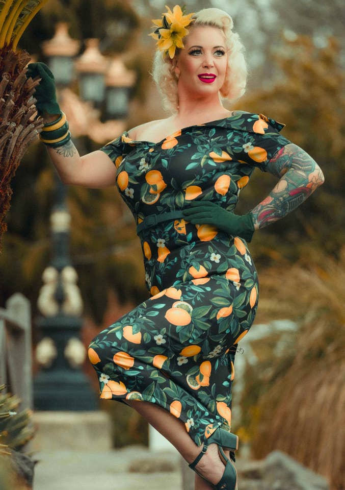 Dolly & Dotty - Wholesale Dress - Women's - Monroe Off-the-Shoulder Pencil Dress in Black Lemon Print8