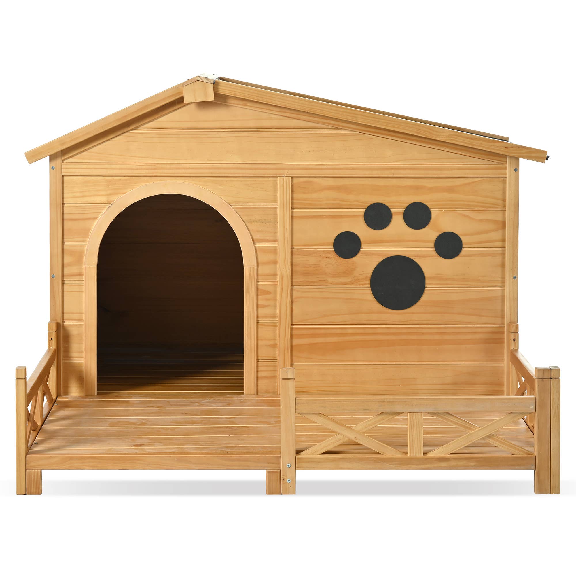 Natural Wooden Dog House with Porch, Water-Resistant Roof & Fencing for wholesale on Faire9