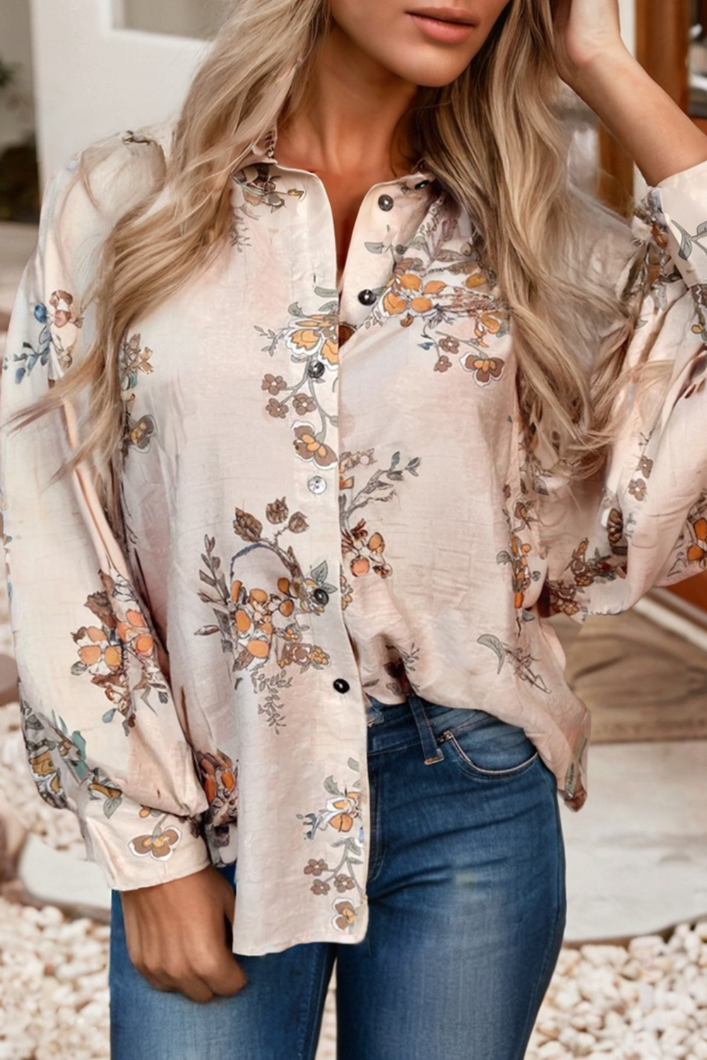 Apricot LDC Marigold Muse Floral Printed Button-Up Blouse for wholesale on Faire2
